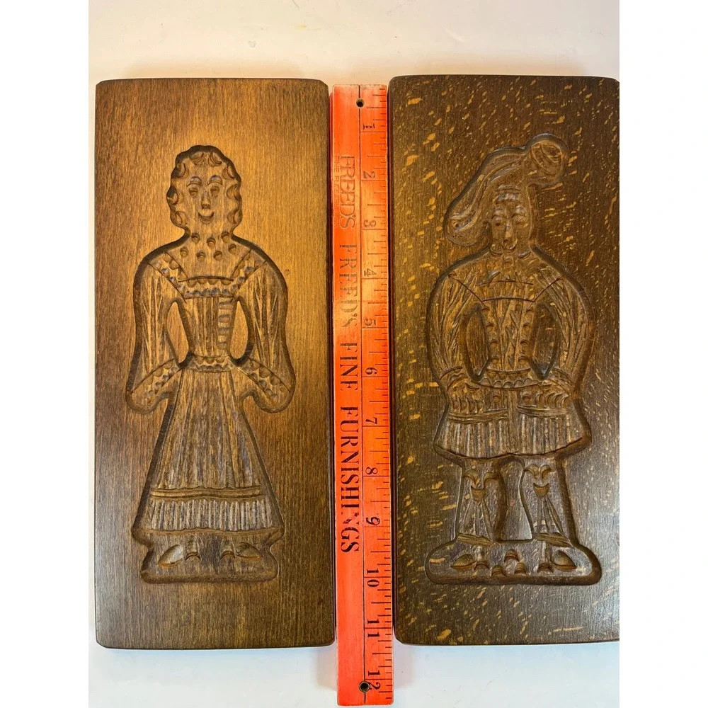 Vintage Hand Carved Wooden Speculaas Cookie Molds Dutch Folk Art Wall Decor Pair
